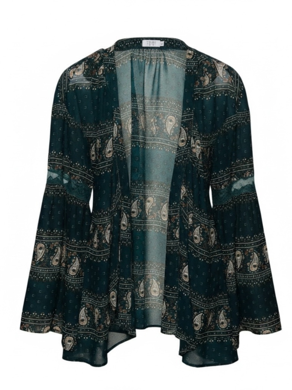 Tobi Paisley Dark Green Sheer Chiffon Peak Puff Sleeve Kimono